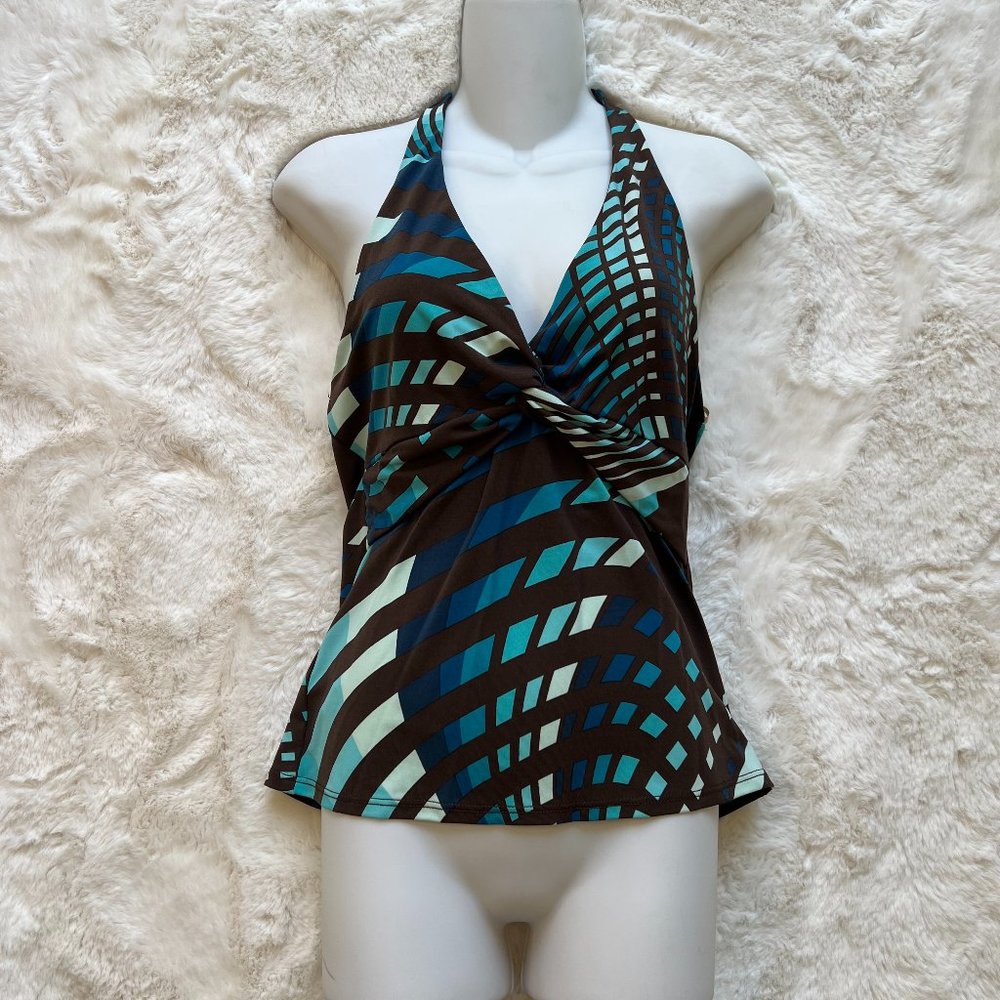 BCBG MaxAzria Halter Top Blue Geometric Print Top